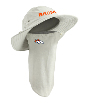 A light tan wide-brim sun hat with an attached neck gaiter, featuring the orange logo 'BRONCOS' on the front of the hat and the Denver Broncos logo on the right cheek of the neck up.