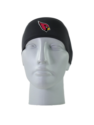 A black athletic headband with a red and black Arizona Cardinals logo on the forehead, displayed on a gray mannequin head against a white background.