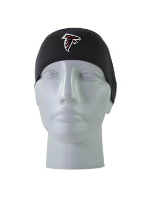 A black athletic headband with a red and black Atlanta Falcons logo on the forehead, displayed on a gray mannequin head against a white background.
