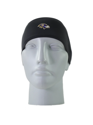 A black athletic headband with a purple and gold Baltimore Ravens logo on the forehead, displayed on a gray mannequin head against a white background.