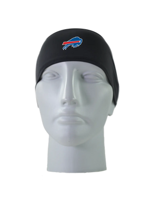 A black athletic headband with a blue and red Buffalo Bills logo on the forehead, displayed on a gray mannequin head against a white background.