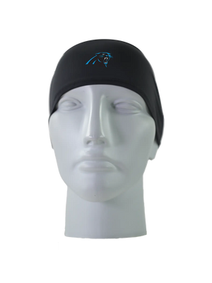 A black athletic headband with a black and blue Carolina Panthers logo on the forehead, displayed on a gray mannequin head against a white background.