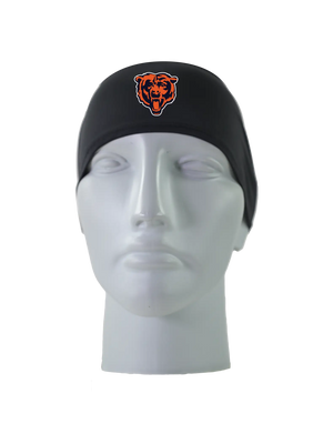 A black athletic headband with an orange and blue Chicago Bears logo on the forehead, displayed on a gray mannequin head against a white background.