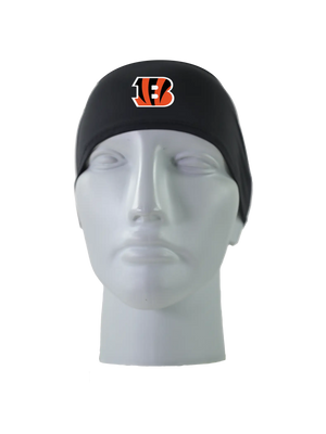 A black athletic headband with an orange and black ‘B’ Cincinnati Bengals logo on the forehead, displayed on a gray mannequin head against a white background.