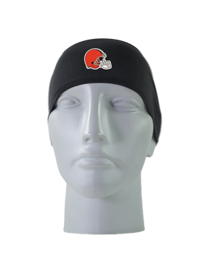 A black athletic headband with an orange and brown Cleveland Browns helmet logo on the forehead, displayed on a gray mannequin head against a white background.