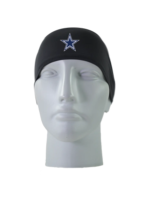 A black athletic headband with a blue and white Dallas Cowboys star logo on the forehead, displayed on a gray mannequin head against a white background.