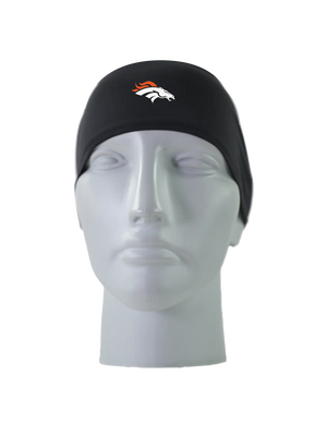 A black athletic headband with a white, blue and orange Denver Broncos logo on the forehead, displayed on a gray mannequin head against a white background.