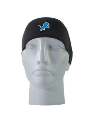 A black athletic headband with a blue and white Detroit Lions logo on the forehead, displayed on a gray mannequin head against a white background.