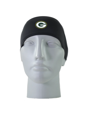 A black athletic headband with a white, green and gold 'G' Green Bay Packers logo on the forehead, displayed on a gray mannequin head against a white background.