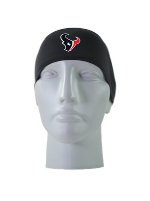 A black athletic headband with a red, white and blue Houston Texans logo on the forehead, displayed on a gray mannequin head against a white background.