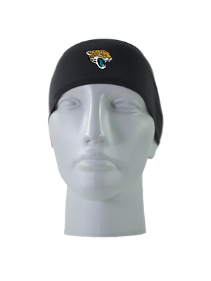 A black athletic headband with a gold, black, teal and white Jacksonville Jaguars logo on the forehead, displayed on a gray mannequin head against a white background.