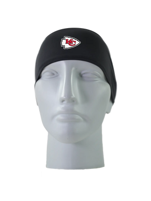 A black athletic headband with a red, white and black 'KC' Kansas City Chiefs logo on the forehead, displayed on a gray mannequin head against a white background.