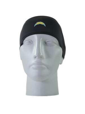 A black athletic headband with a yellow and blue Los Angeles Chargers logo on the forehead, displayed on a gray mannequin head against a white background.