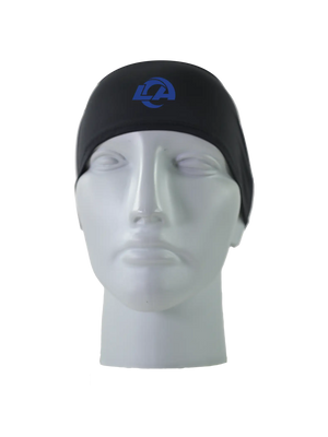 A black athletic headband with a blue 'LA' Los Angeles Rams logo on the forehead, displayed on a gray mannequin head against a white background.