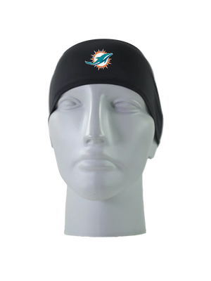 A black athletic headband with an orange, aqua and white Miami Dolphins logo on the front, displayed on a gray mannequin head against a white background.