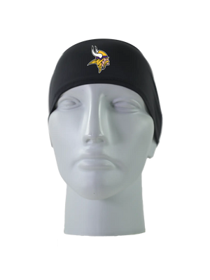 A black athletic headband with a gold, purple and white Minnesota Vikings logo on the front, displayed on a gray mannequin head against a white background.