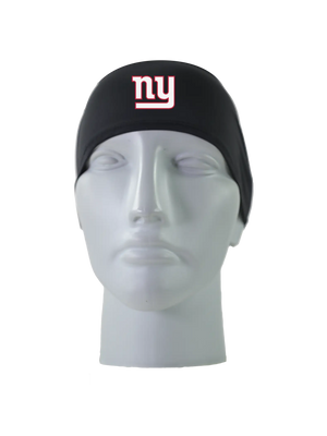 A black athletic headband with a white with red outline 'ny' New York Giants logo on the front, displayed on a gray mannequin head against a white background.
