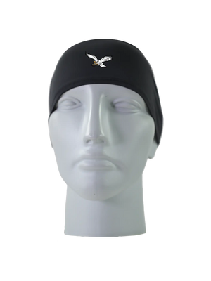 A black athletic headband with a classic Philadelphia Eagles logo on the front, displayed on a gray mannequin head against a white background.