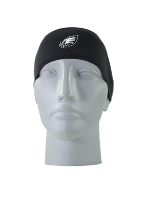A black athletic headband with a Philadelphia Eagles logo on the front, displayed on a gray mannequin head against a white background.