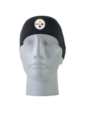 A black athletic headband with a circular Pittsburgh Steelers logo on the front, displayed on a gray mannequin head against a white background.