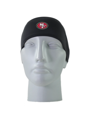 A black athletic headband with a white, red and black 'SF' San Francisco 49ers logo on the front, displayed on a gray mannequin head against a white background.
