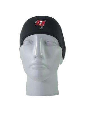A black athletic headband with a red Tampa Bay Buccaneers logo on the front, displayed on a gray mannequin head against a white background.