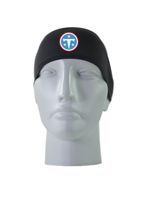 A black athletic headband with a blue and white 'T' Tennessee Titans logo on the front, displayed on a gray mannequin head against a white background.