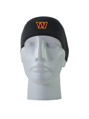 A black athletic headband with a gold and maroon 'W' Washington Commanders logo on the front, displayed on a gray mannequin head against a white background.