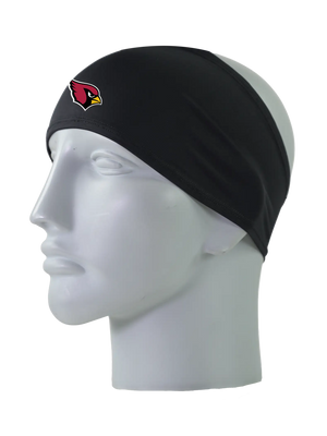 A black athletic headband with a red and black Arizona Cardinals logo on the forehead, displayed on a gray mannequin head against a white background.