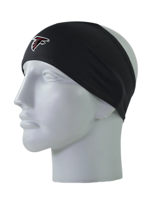 A black athletic headband with a red and black Atlanta Falcons logo on the forehead, displayed on a gray mannequin head against a white background.