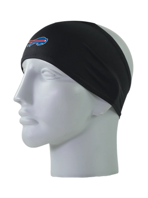 A black athletic headband with a blue and red Buffalo Bills logo on the forehead, displayed on a gray mannequin head against a white background.