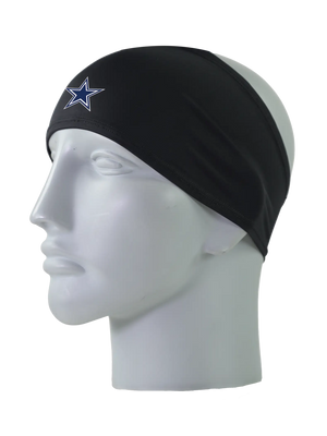 A black athletic headband with a blue and white Dallas Cowboys star logo on the forehead, displayed on a gray mannequin head against a white background.