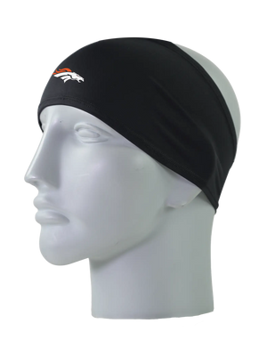 A black athletic headband with a white, blue and orange Denver Broncos logo on the forehead, displayed on a gray mannequin head against a white background.