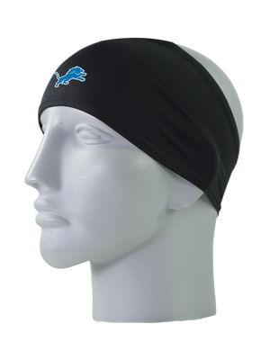 A black athletic headband with a blue and white Detroit Lions logo on the forehead, displayed on a gray mannequin head against a white background.