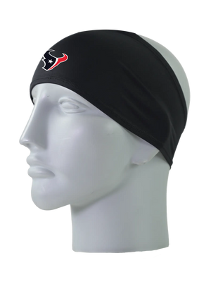 A black athletic headband with a red, white and blue Houston Texans logo on the forehead, displayed on a gray mannequin head against a white background.