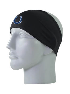 A black athletic headband with a blue Indianapolis Colts logo on the forehead, displayed on a gray mannequin head against a white background.