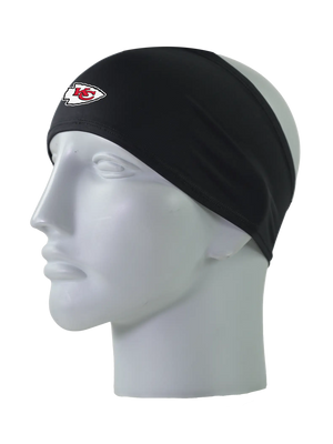 A black athletic headband with a red, white and black 'KC' Kansas City Chiefs logo on the forehead, displayed on a gray mannequin head against a white background.