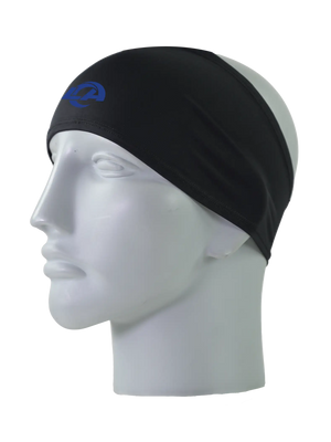 A black athletic headband with a blue 'LA' Los Angeles Rams logo on the forehead, displayed on a gray mannequin head against a white background.