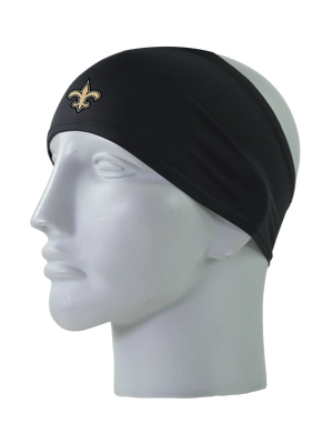 A black athletic headband with a gold and black New Orleans Saints logo on the front, displayed on a gray mannequin head against a white background.