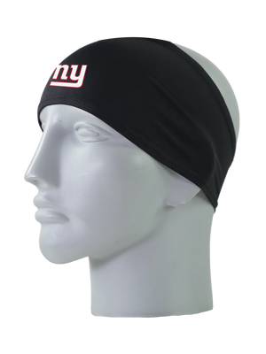 A black athletic headband with a white with red outline 'ny' New York Giants logo on the front, displayed on a gray mannequin head against a white background.