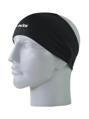 A black athletic headband with a green New York Jets logo on the front, displayed on a gray mannequin head against a white background.