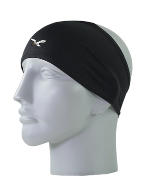 A black athletic headband with a classic Philadelphia Eagles logo on the front, displayed on a gray mannequin head against a white background.