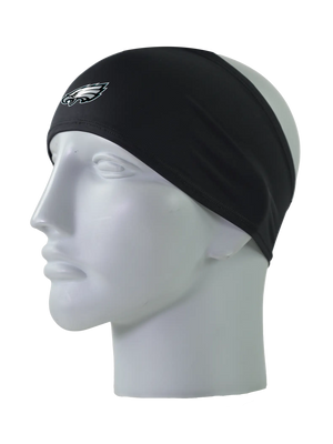 A black athletic headband with a Philadelphia Eagles logo on the front, displayed on a gray mannequin head against a white background.