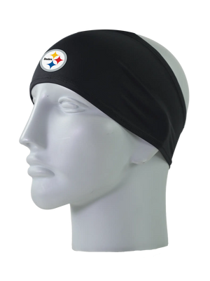 A black athletic headband with a circular Pittsburgh Steelers logo on the front, displayed on a gray mannequin head against a white background.