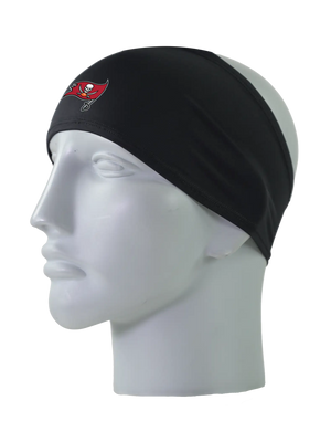 A black athletic headband with a red Tampa Bay Buccaneers logo on the front, displayed on a gray mannequin head against a white background.