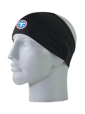 A black athletic headband with a blue and white 'T' Tennessee Titans logo on the front, displayed on a gray mannequin head against a white background.
