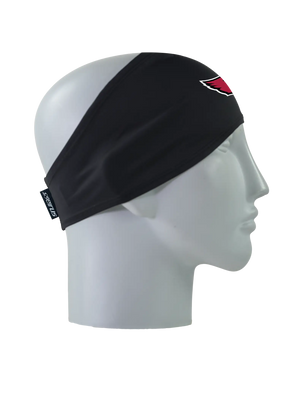 A black athletic headband with a red and black Arizona Cardinals logo on the forehead, displayed on a gray mannequin head in profile against a white background.