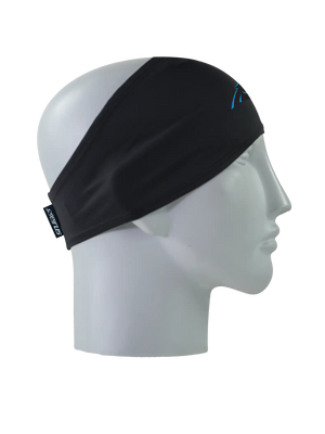 A black athletic headband with a black and blue Carolina Panthers logo on the forehead, displayed on a gray mannequin head in profile against a white background.