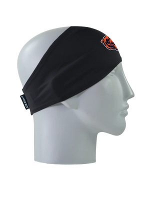 A black athletic headband with an orange and blue Chicago Bears logo on the forehead, displayed on a gray mannequin head in profile against a white background.