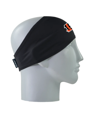 A black athletic headband with an orange and black ‘B’ Cincinnati Bengals logo on the forehead, displayed on a gray mannequin head in profile against a white background.